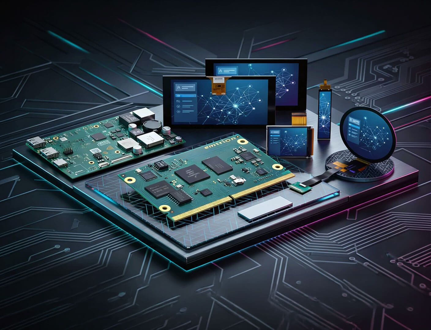 Abgebildet ist das IQ Insert and emtrion - Keyvisual der Schubert System Elektronik. Platinen, Displays und mehr.