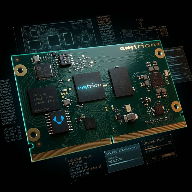 Gezeigt wird ein emtrion Computerboard. Wir entwickeln und produzieren Computerhardware, elektronische Baugruppen und Komponenten für unsere eigenen Standardprodukte sowie für kundenspezifische Lösungen