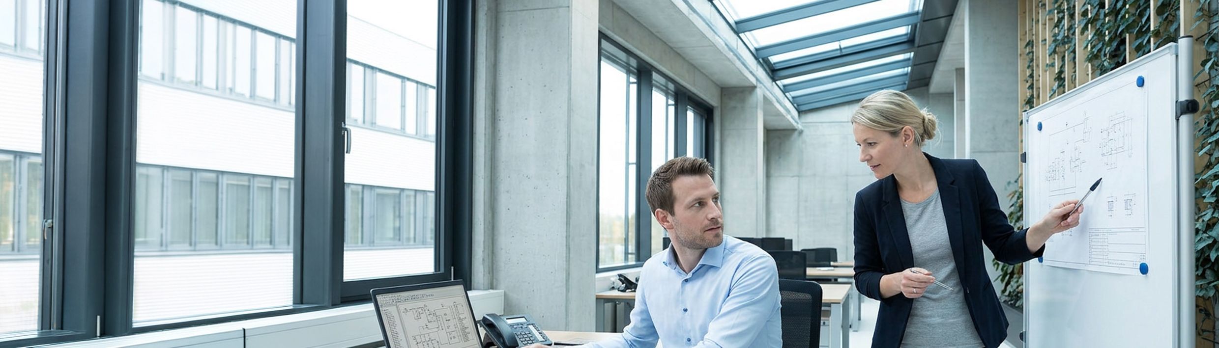 Projektleiter im Büro, Zeichnungen an der Wand