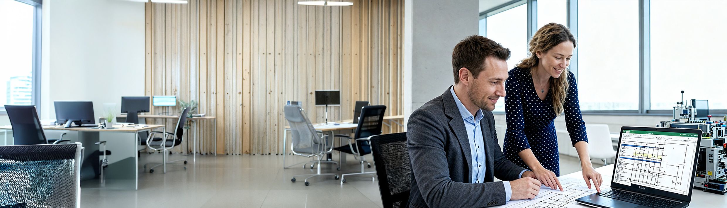 Kollegen am Laptop (Mann und Frau), technische Zeichnung am Bildschirm