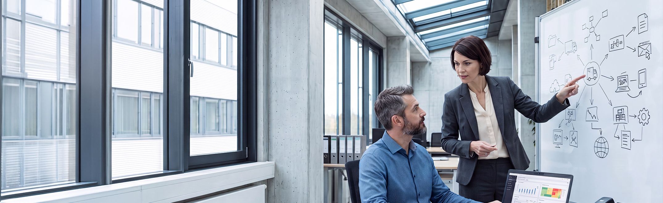 Frau und Mann an Whiteboard in einem Büro mit vielen Fenstern