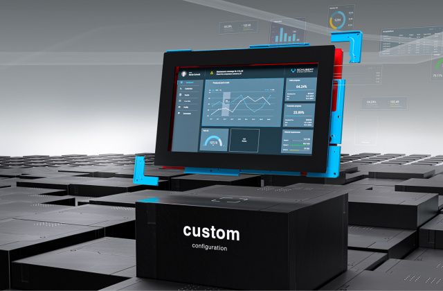 The front view shows a panel PC on a dark base. The frame is highlighted with elements in blue and red. It stands for the custom configuration, the development of a completely customer-specific system solution