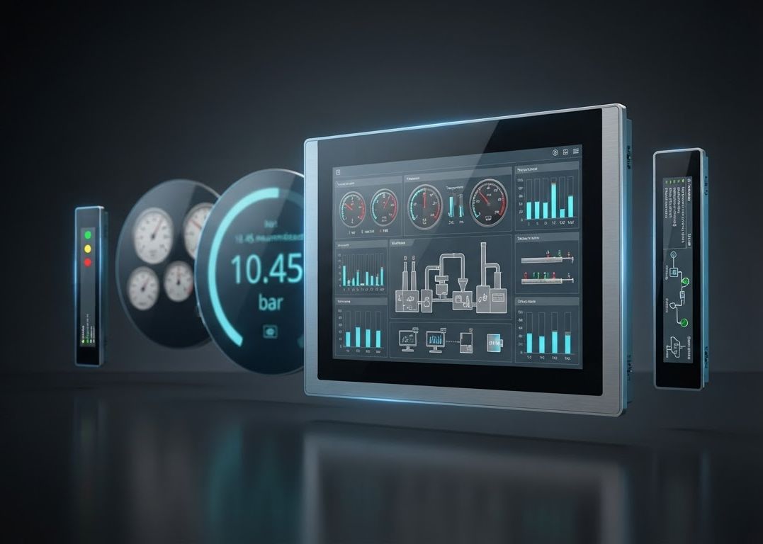 Industrial HMI touchscreen panel showing a process control dashboard, with analog pressure gauges and slim control modules