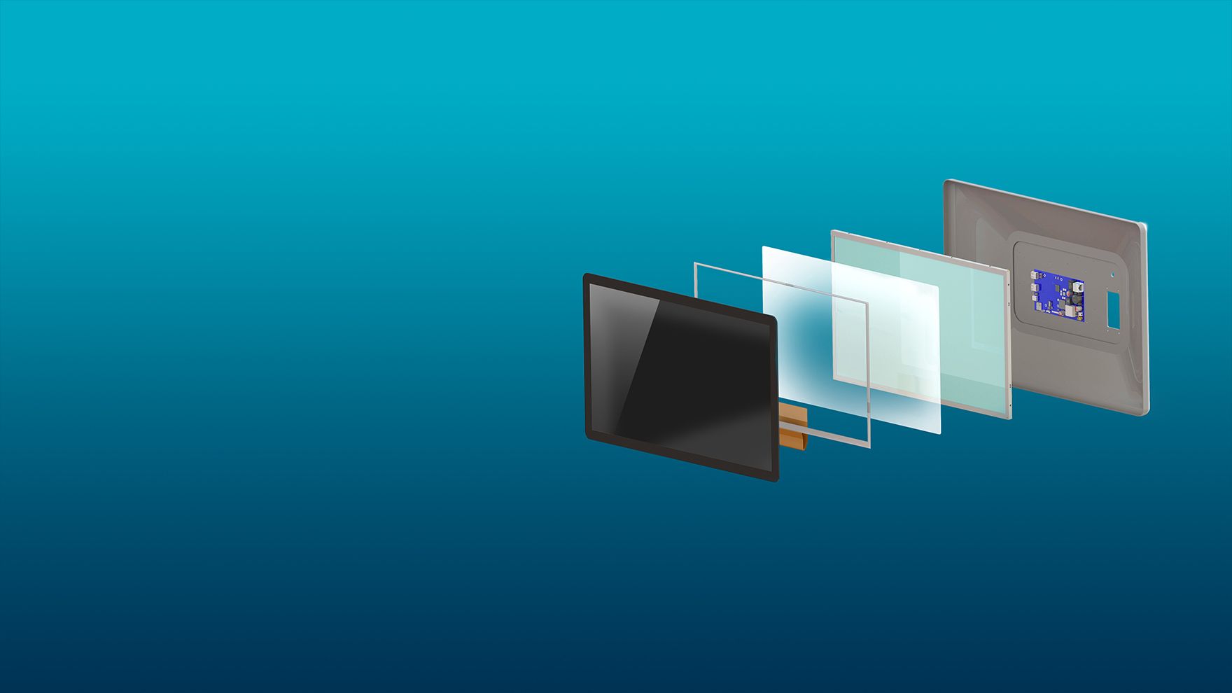 Explosionszeichnung eines Displays mit allen Einzelkomponenten, inklusive Gehäuse, Touchscreen und Elektronikmodulen.