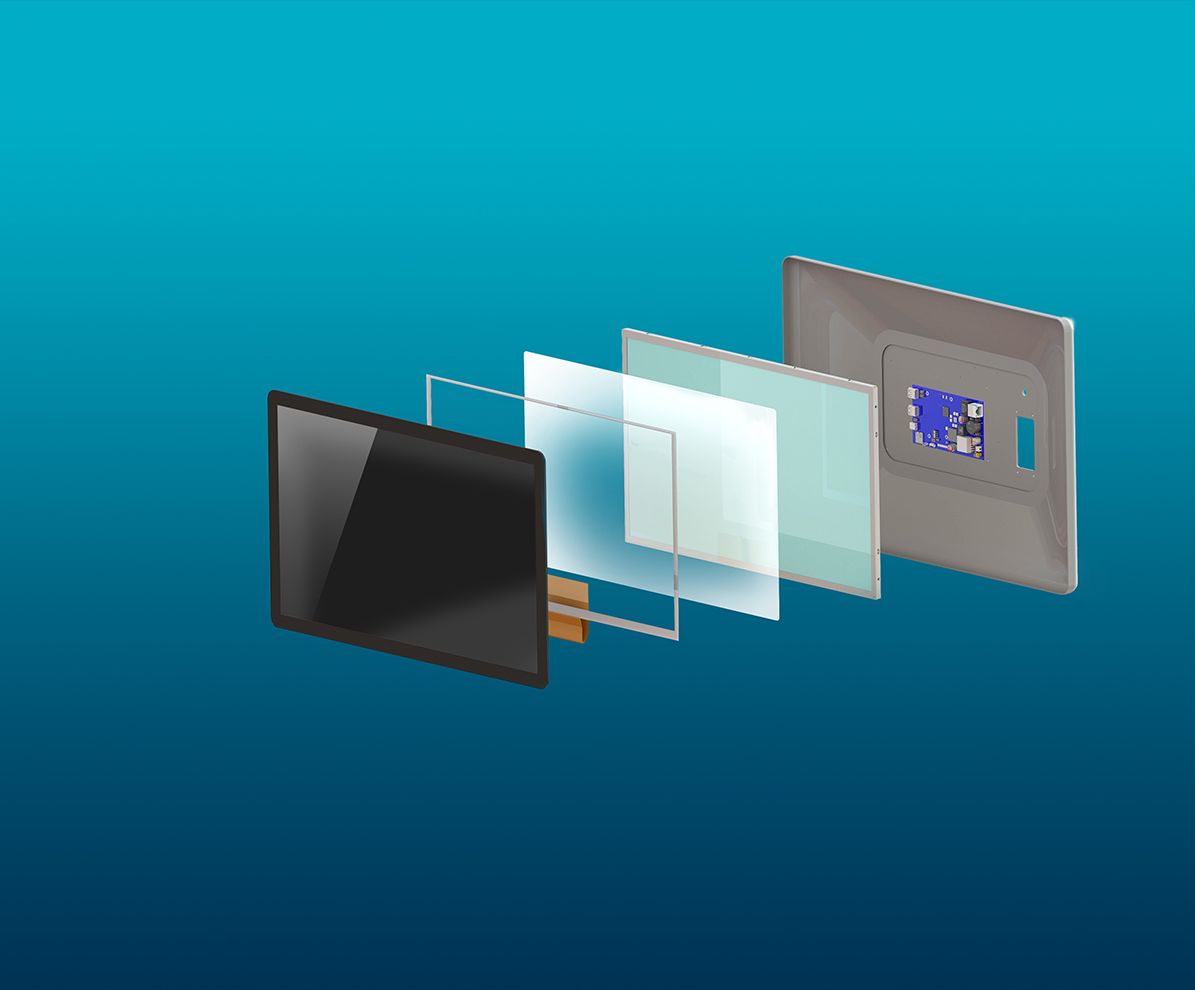 Exploded view of a display showing all individual components, including housing, touchscreen, and electronic modules.