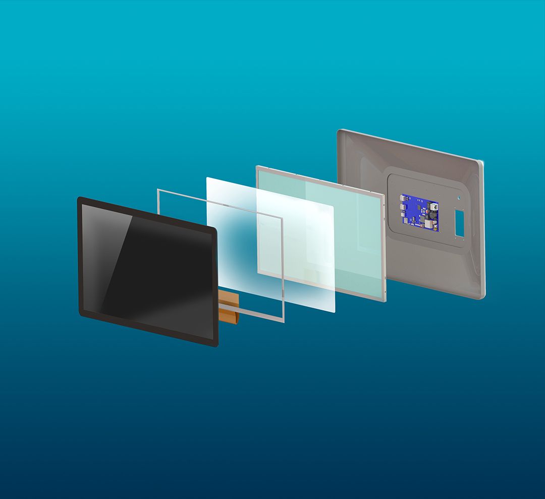 Explosionszeichnung eines Displays mit allen Einzelkomponenten, inklusive Gehäuse, Touchscreen und Elektronikmodulen.