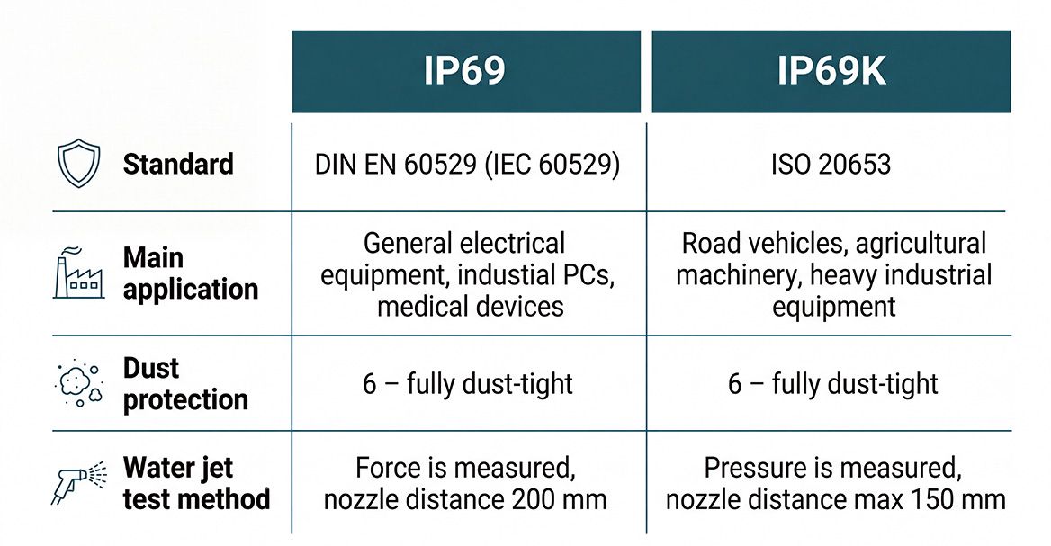 Table of differences IP 69 and IP 69K