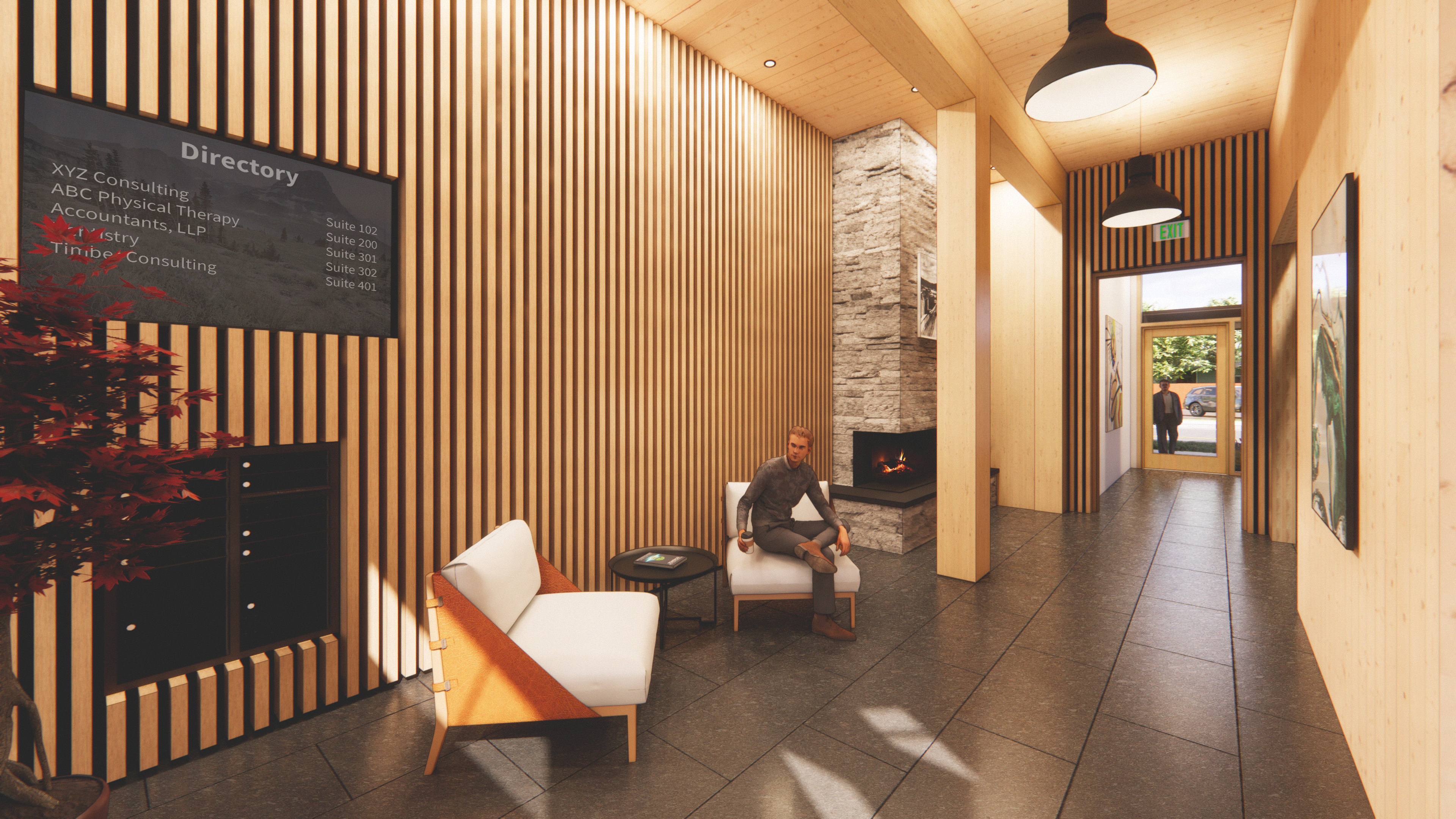 Rendering of the lobby looking north in The Bowman building
