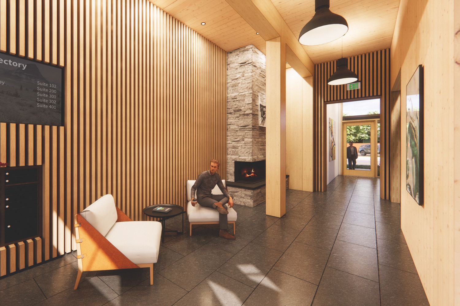 Rendering of the lobby looking north in The Bowman building