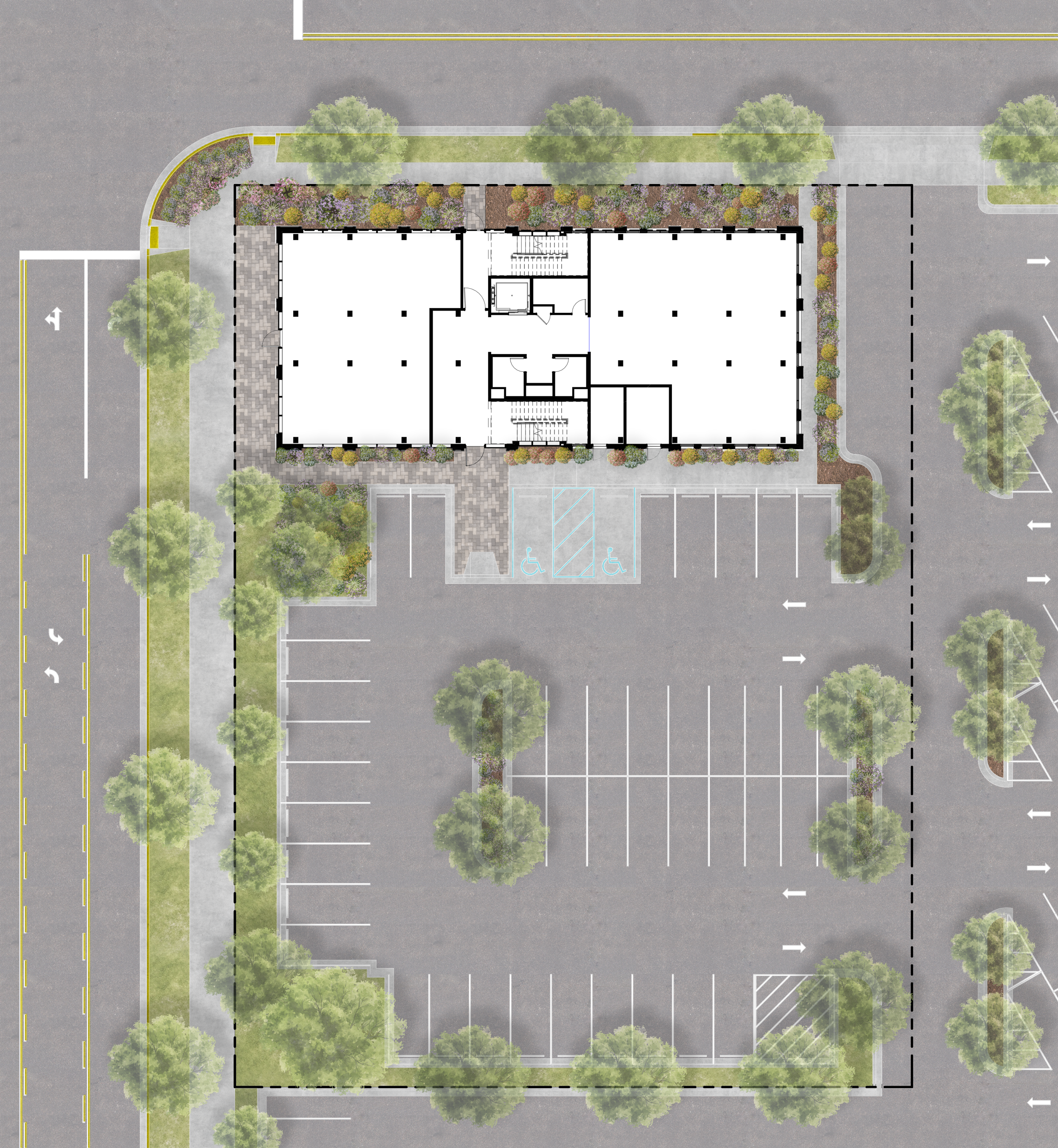 Overhead view of the site plan for The Bowman, which also shows the parking lot