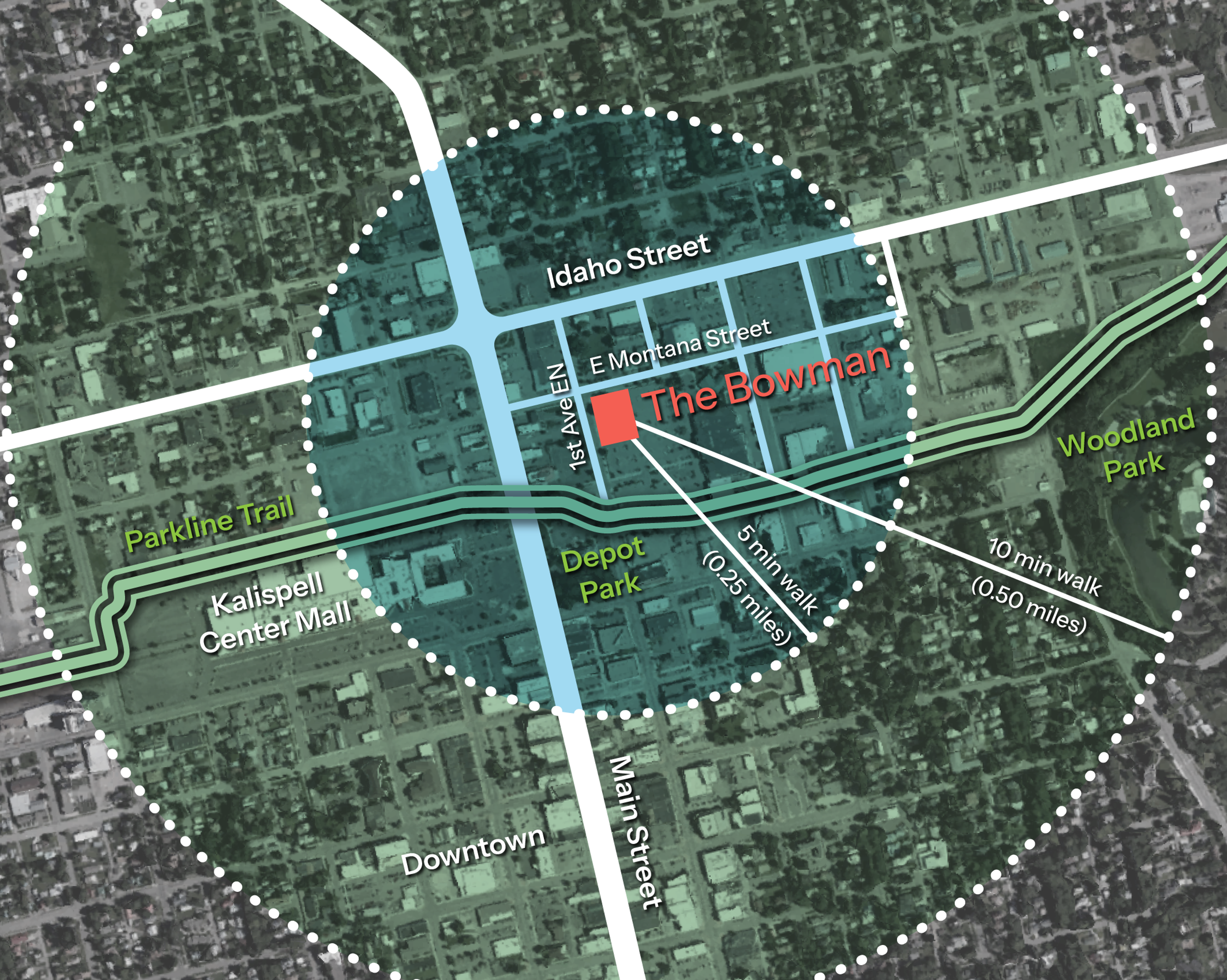 Map of walking radius from the Bowman
