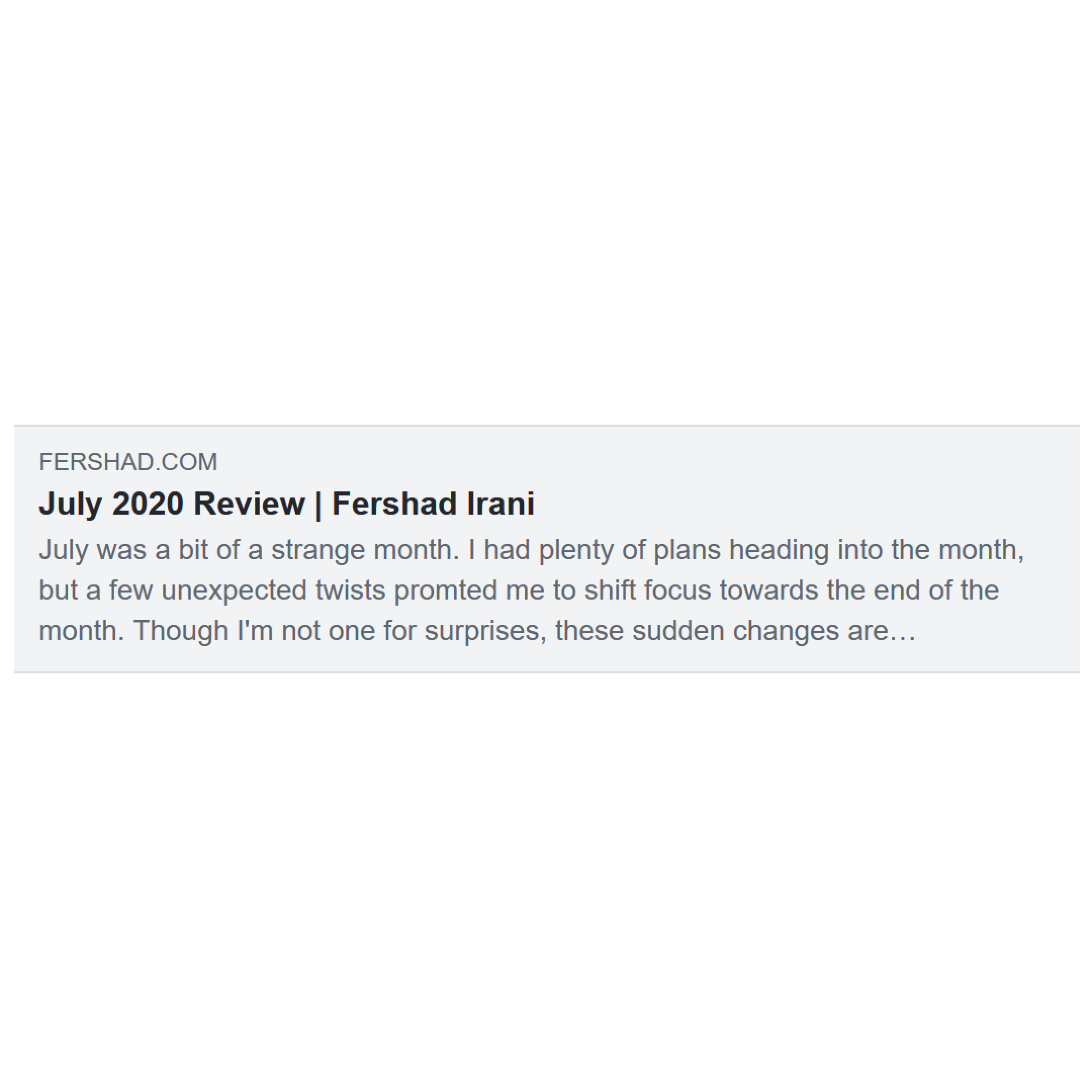Screenshot of Facebook Sharing Debugger preview for July 2020 Review blog post without OG tags.
