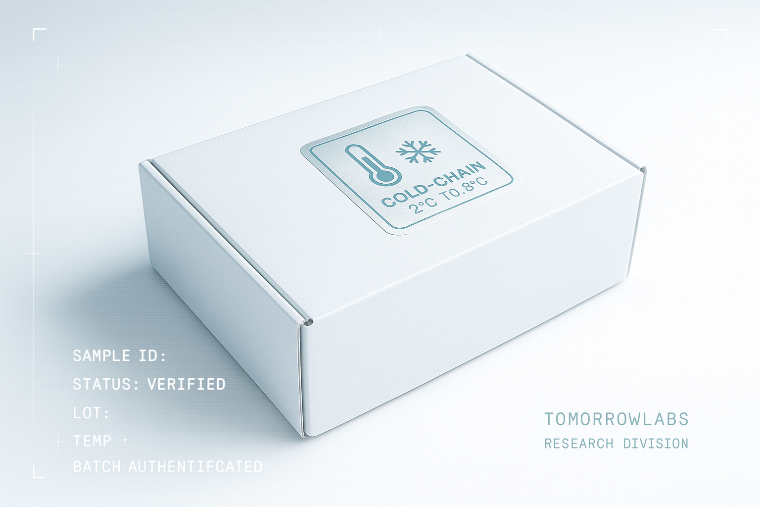 A clean pharmaceutical shipping box with a cold-chain temperature indicator label, centered on a bright white surface.