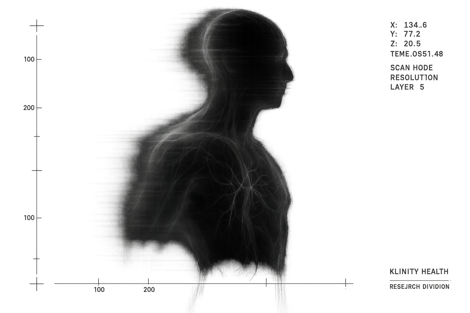 An abstract anonymized silhouette of a human torso in profile, overlaid with a faint branching network of lines suggesting internal systems, no face or identifying features.