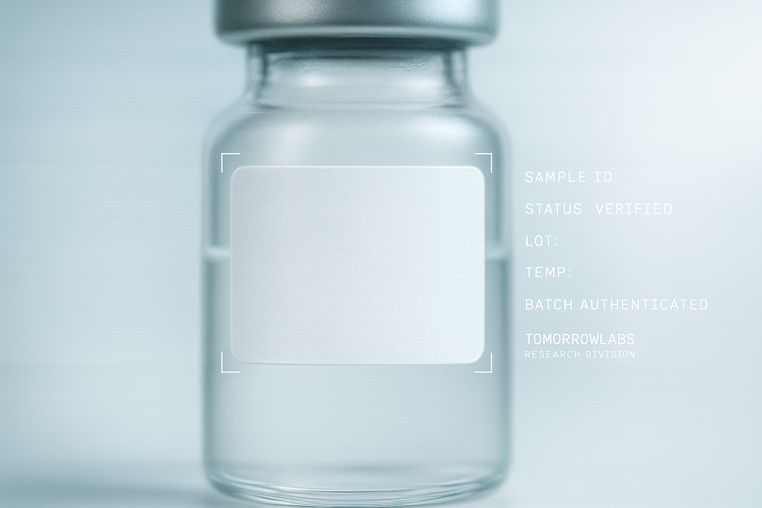 A close-up of a glass vial's blank label area with a subtle scan-line HUD overlay and crosshair brackets framing it.