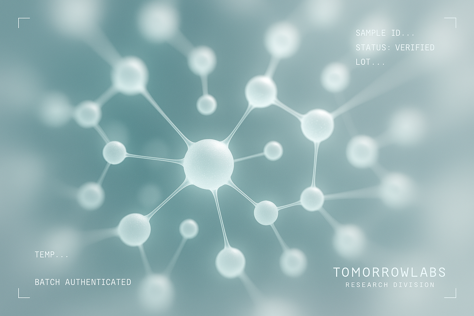 An abstract network of interconnected glowing molecular spheres suggesting a signaling pathway, cool teal and white tones.