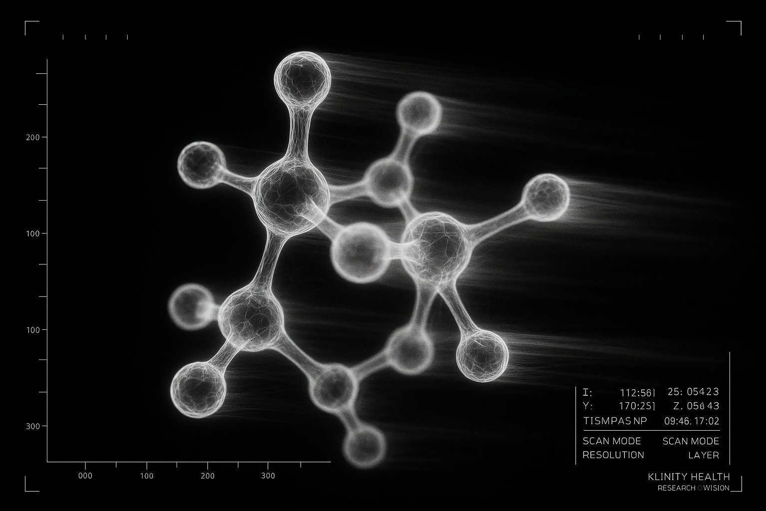 An abstract molecular lattice structure glowing softly against a black background, drifting with directional motion blur.