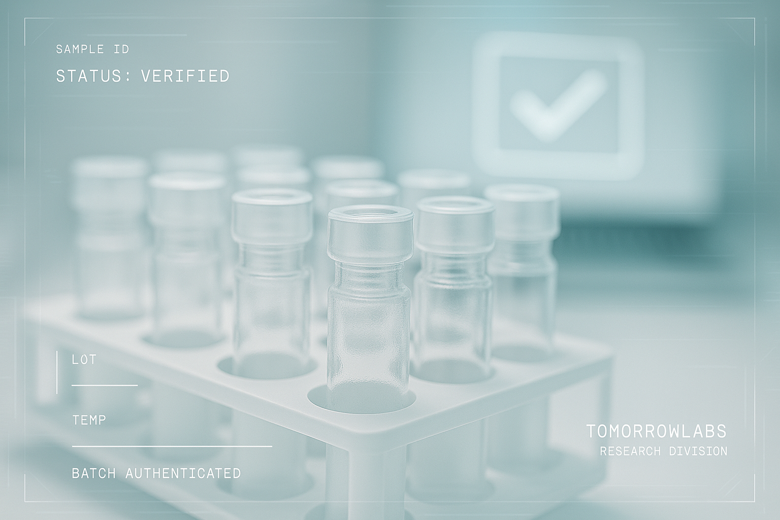 A close-up of a laboratory glass vial rack under clinical lighting, with an out-of-focus computer screen displaying a verification checkmark icon in the background.