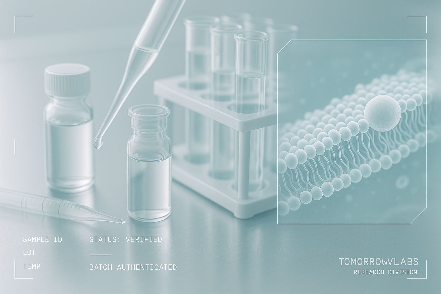 A close-up of laboratory glassware — vials, a pipette, and a rack of sample tubes — arranged on a stainless steel bench beside an abstract render of a cell membrane cross-section.