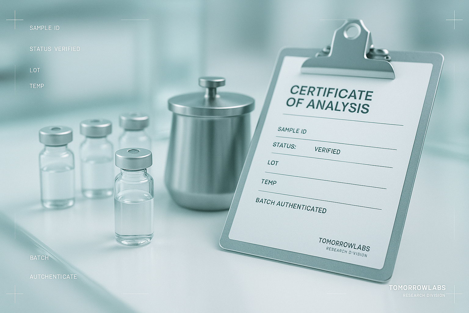 A close-up of a compounding pharmacy's clean-room workbench with sterile glass vials, a stainless steel mixing vessel, and a clipboard holding a paper Certificate of Analysis, shot in sharp focus.
