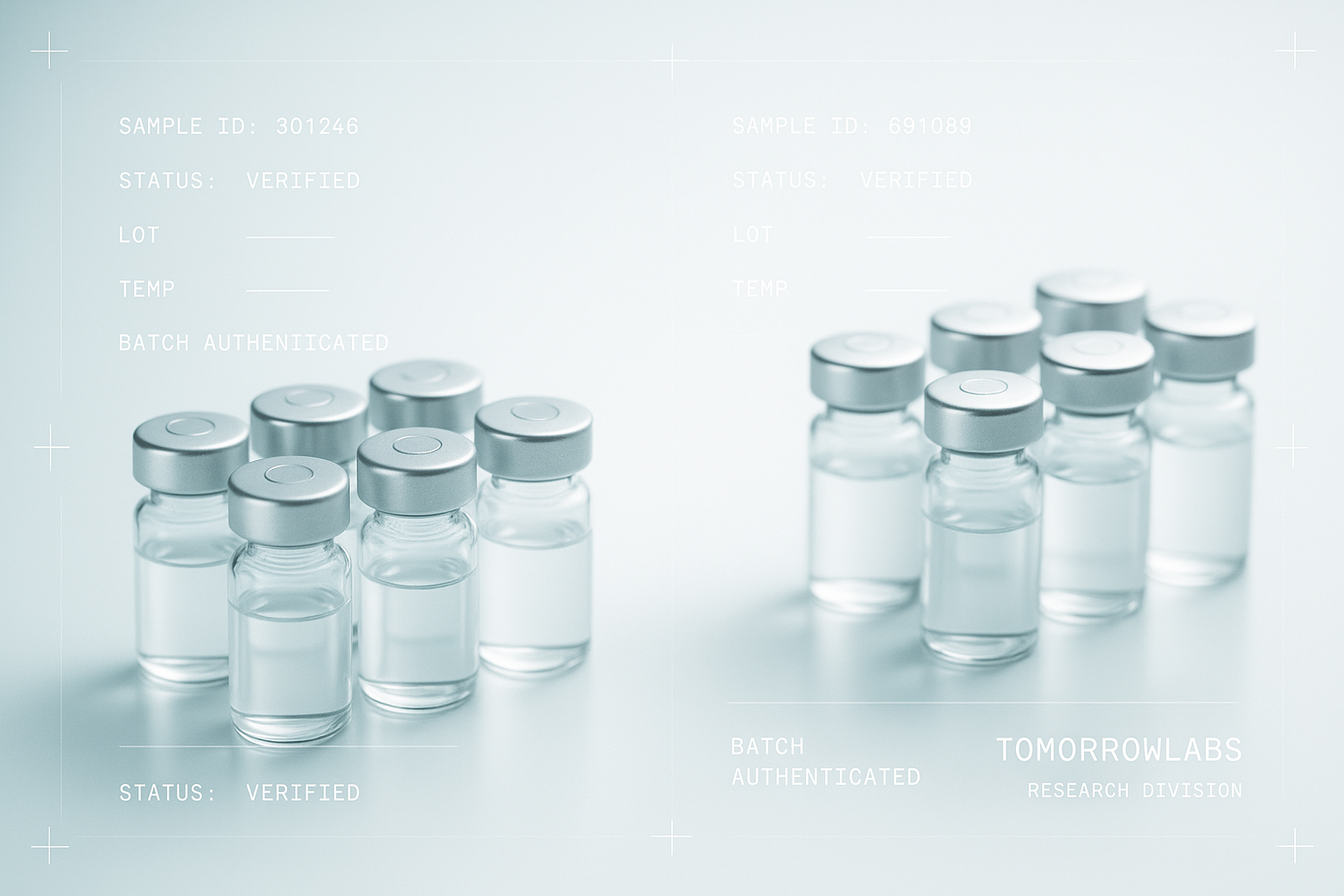 Two distinct clusters of glass vials with silver caps arranged on a reflective surface, spatially separated to suggest two separate processes.