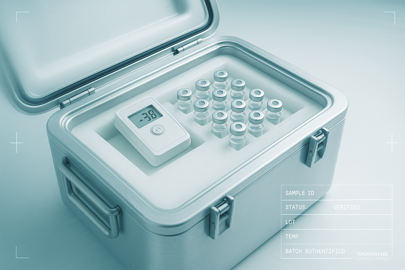 A stainless steel cold-chain shipping container with its lid open, revealing insulated packaging, a digital temperature data logger, and rows of sealed glass vials nestled in foam inserts.