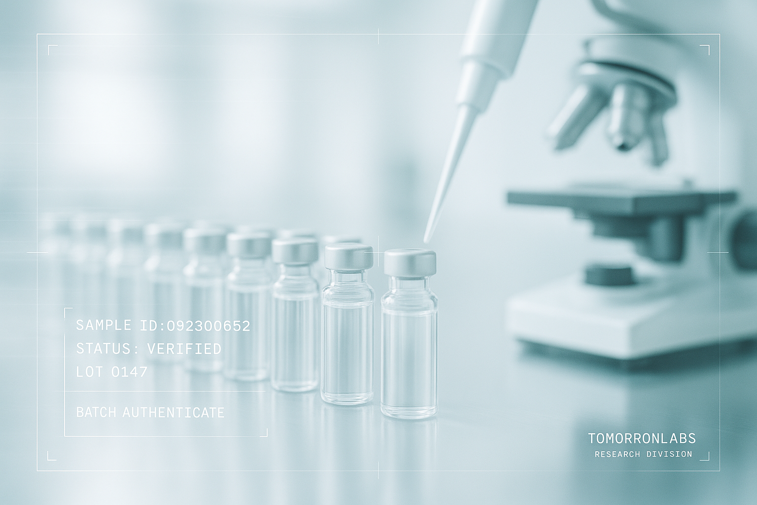 A laboratory research facility with rows of clean glass vials and precision scientific equipment arranged on a reflective bench, shot at a slight angle.