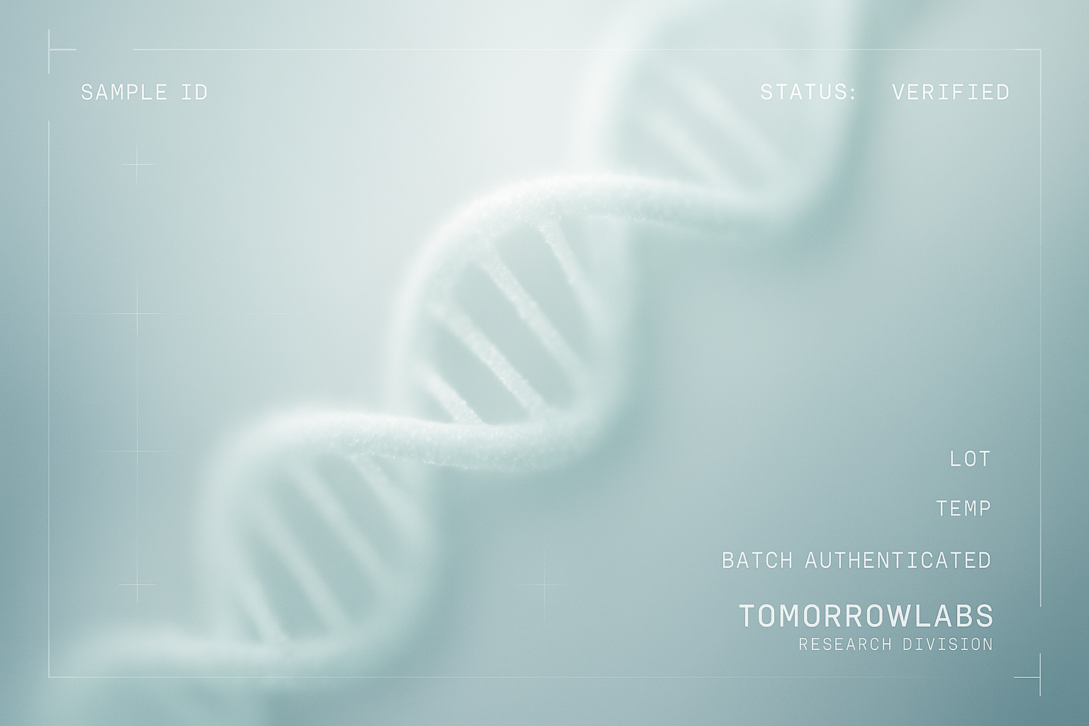 An abstract DNA helix strand rendered with soft particle effects, suggesting cellular repair, in cool teal and white tones.