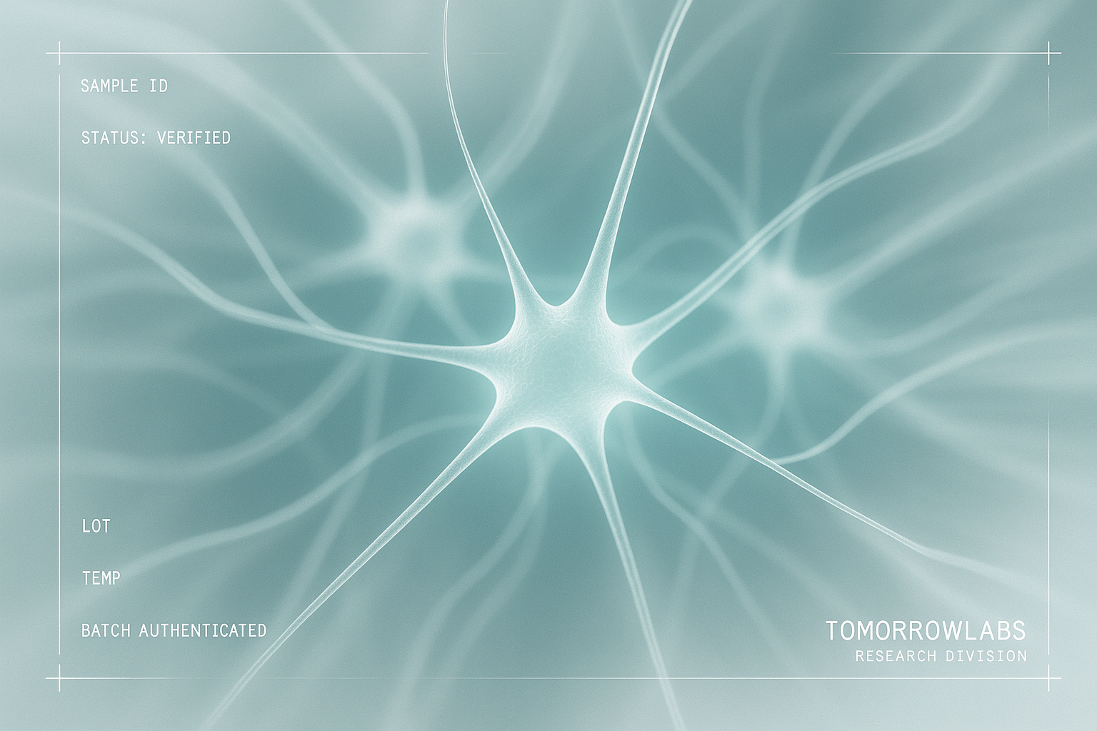 An abstract glowing neural network pattern suggesting cognitive signaling, rendered in cool icy teal and white tones.