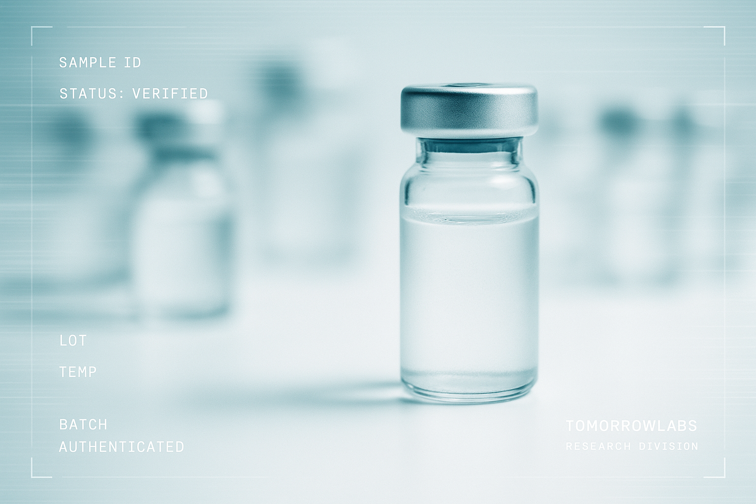 A single glass vial standing sharply in focus apart from a soft blurred group of vials in the background, on a bright surface.