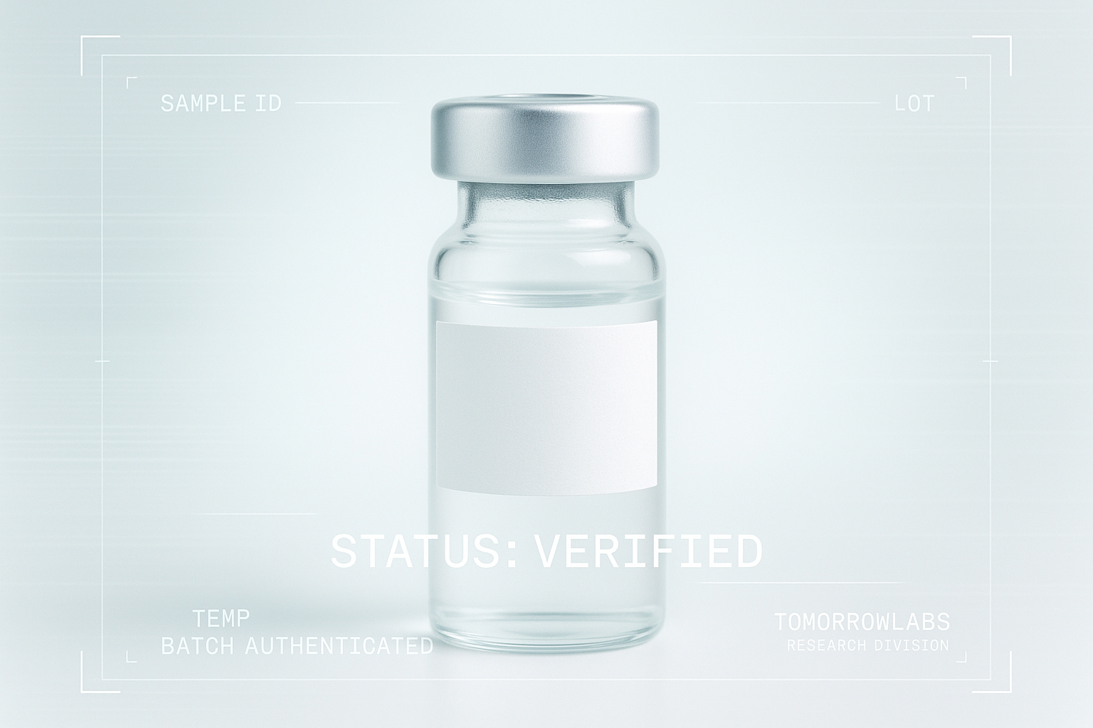 A single glass vial with a blank label, centered, with a fine scanning HUD overlay and the text STATUS: VERIFIED near the base.