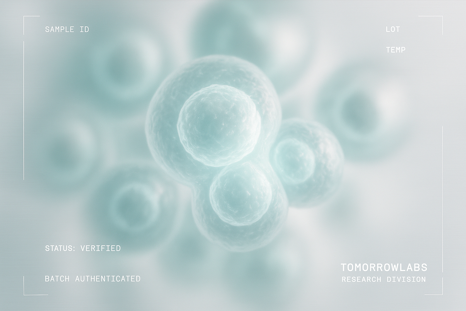 A delicate abstract cellular structure with soft glowing light, suggesting regeneration, cool teal and white tones.