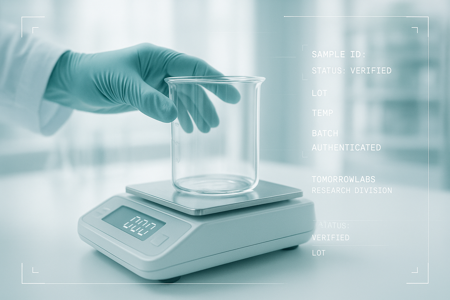 A gloved hand using a precision digital scale with a glass beaker, in a clean bright laboratory setting, close-up.