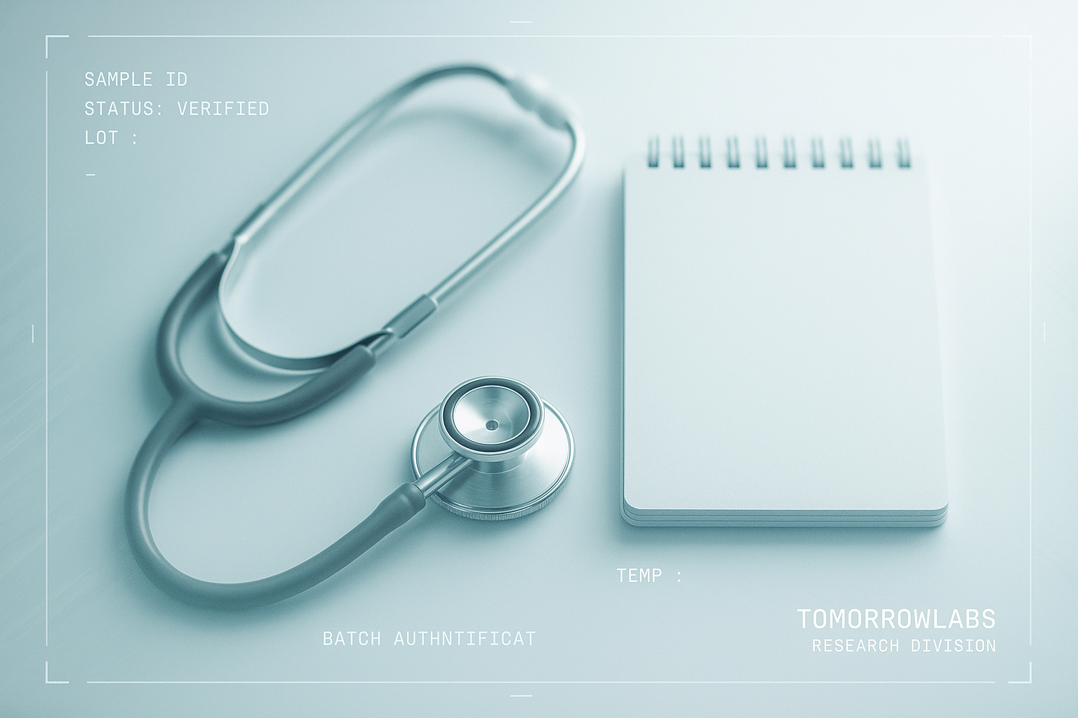 A stethoscope and a blank notepad arranged neatly on a bright reflective surface, minimal still life.