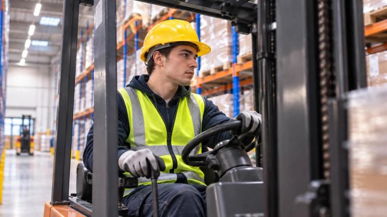 vorkheftruckchauffeur tijdens het werk in het magazijn