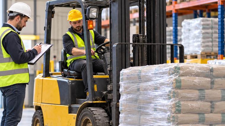De examinator beoordeelt de vaardigheden van de cursist tijdens het praktijkexamen voor een frontheftruck in het magazijn