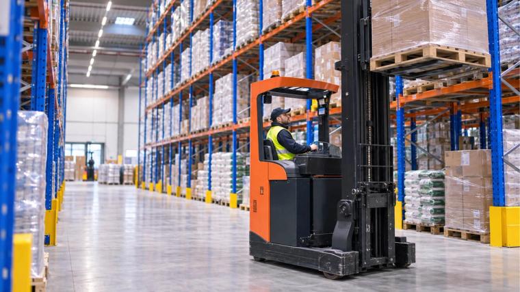 vorkheftruckchauffeur die materiaal vervoert