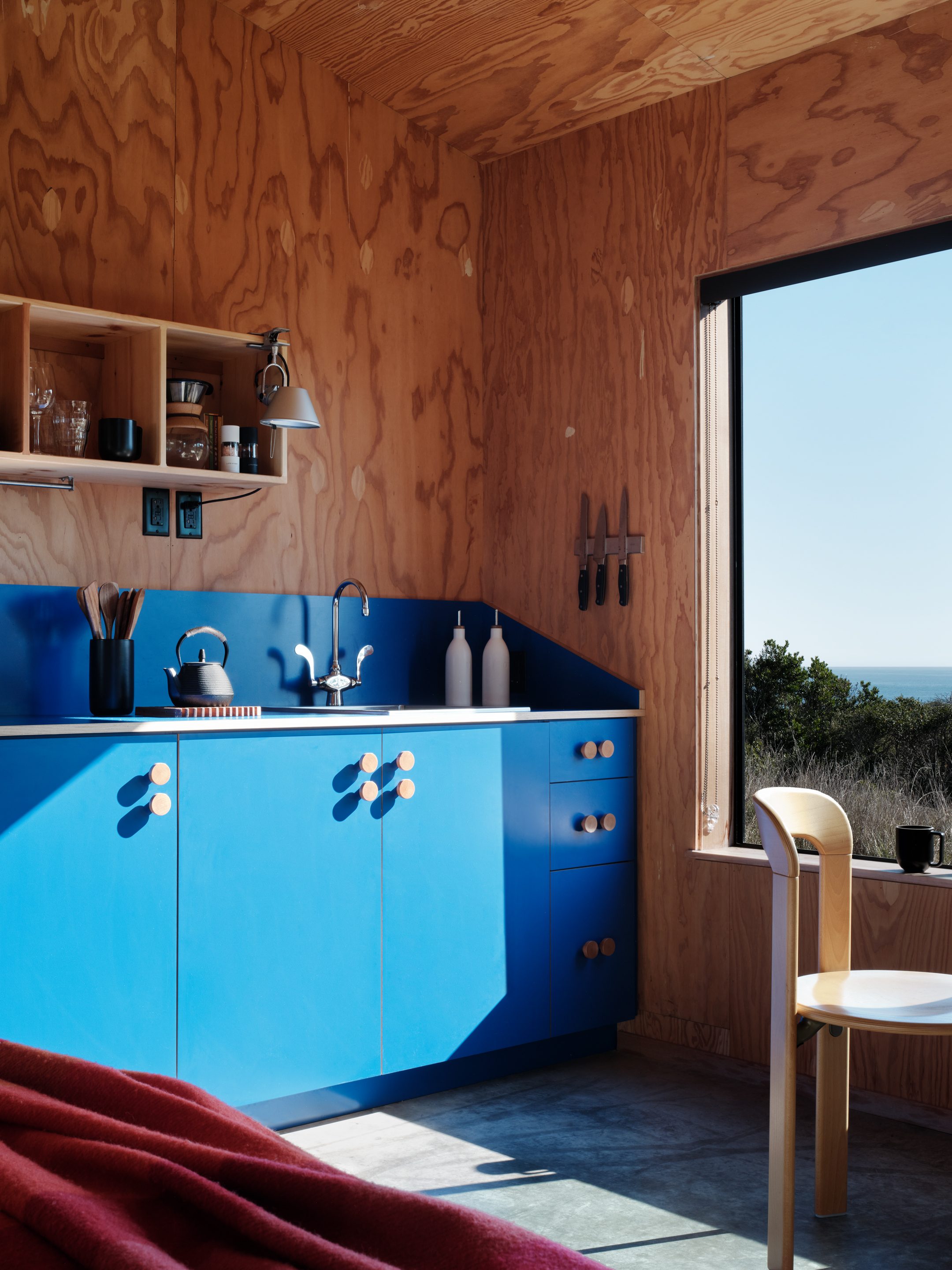 Blue kitchen with plywood walls