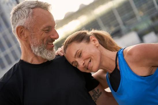 Couple 50s outdoors, golden hour, editorial and warm