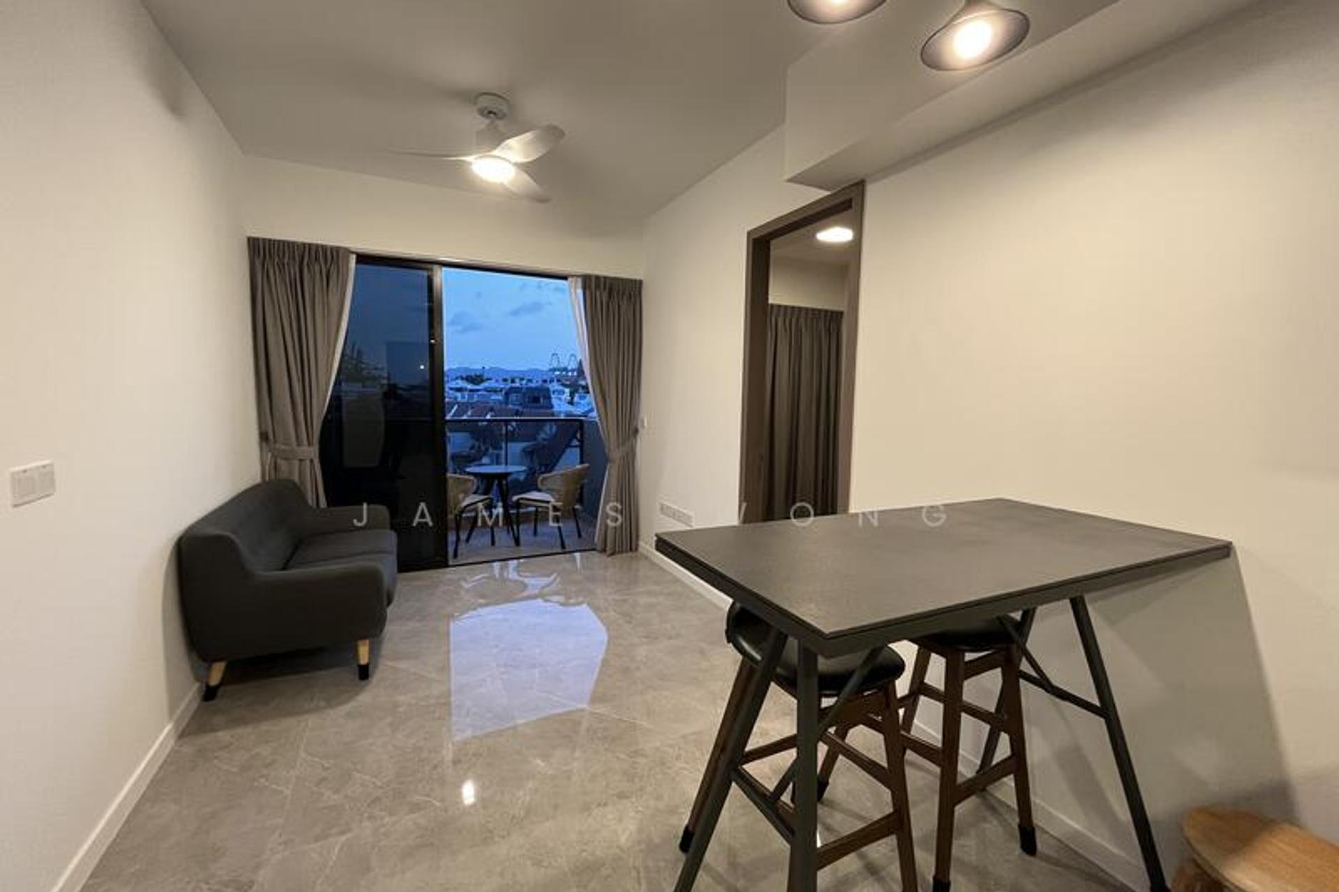 Living and dining area, with the balcony beyond