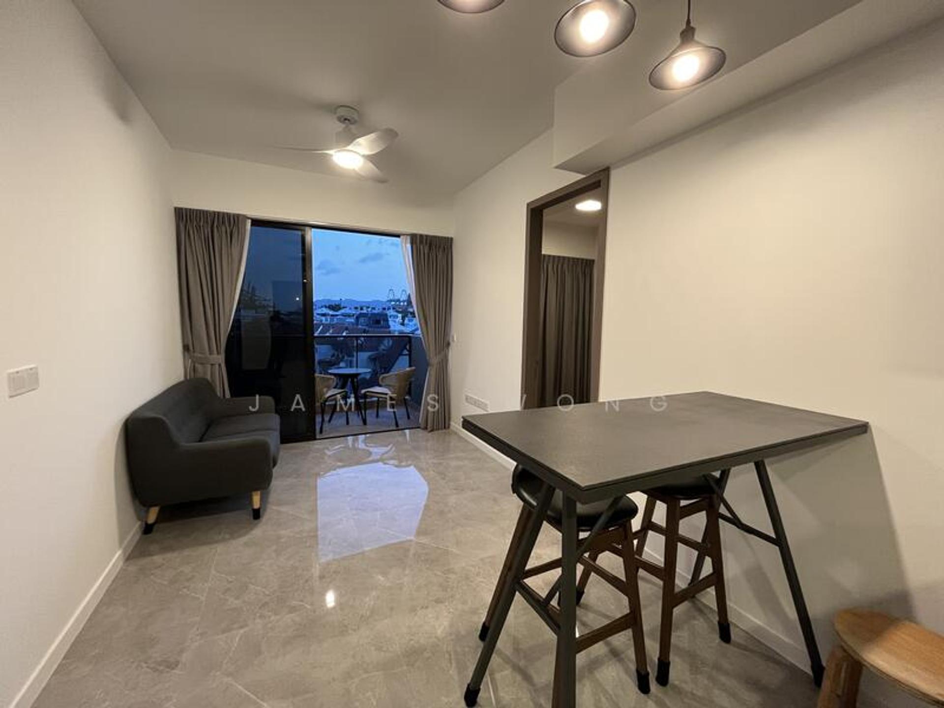 Living and dining area, with the balcony beyond