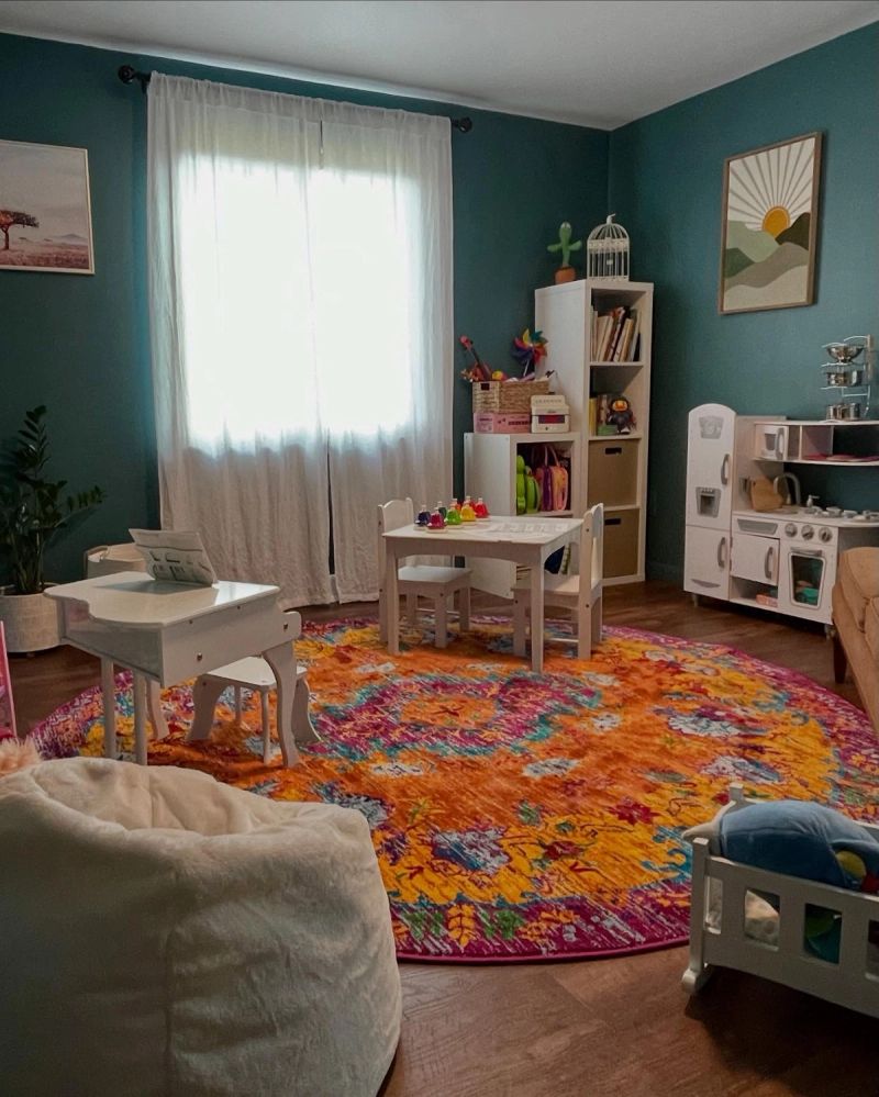 Vibrant playroom with storage solutions and colorful kid-friendly decor
