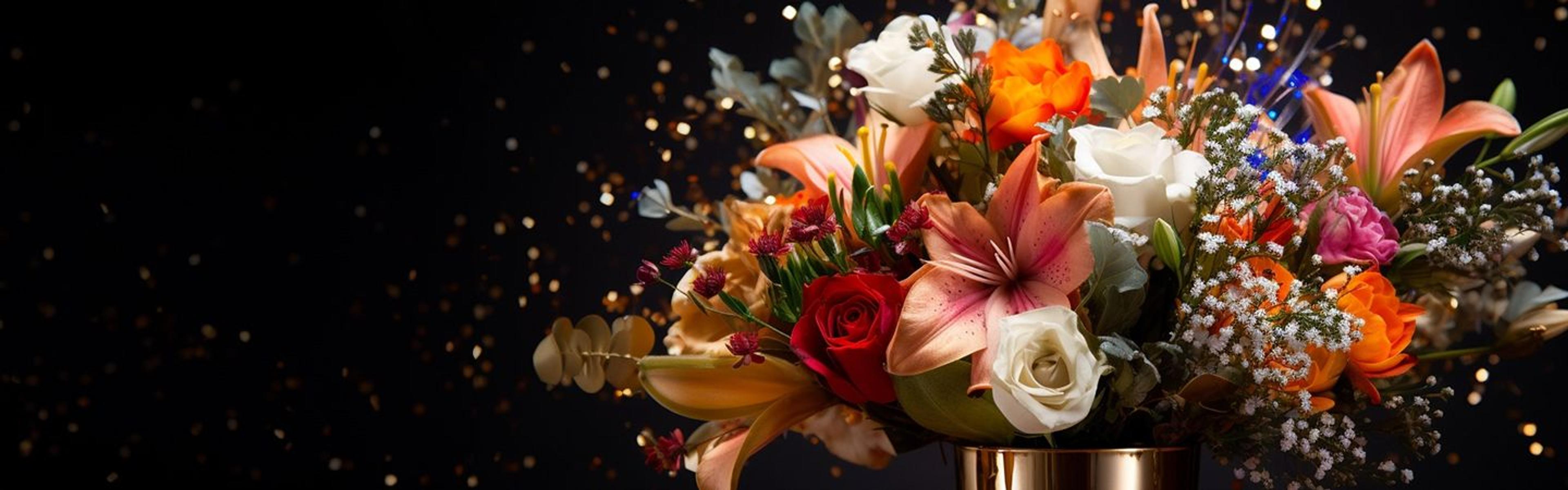 a bouquet of flowers in a vase on a black background .