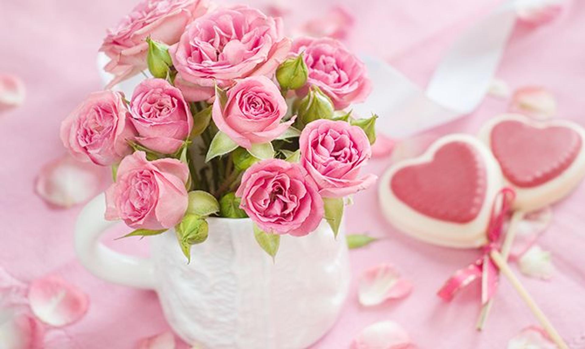a bouquet of pink roses in a white vase on a pink table .