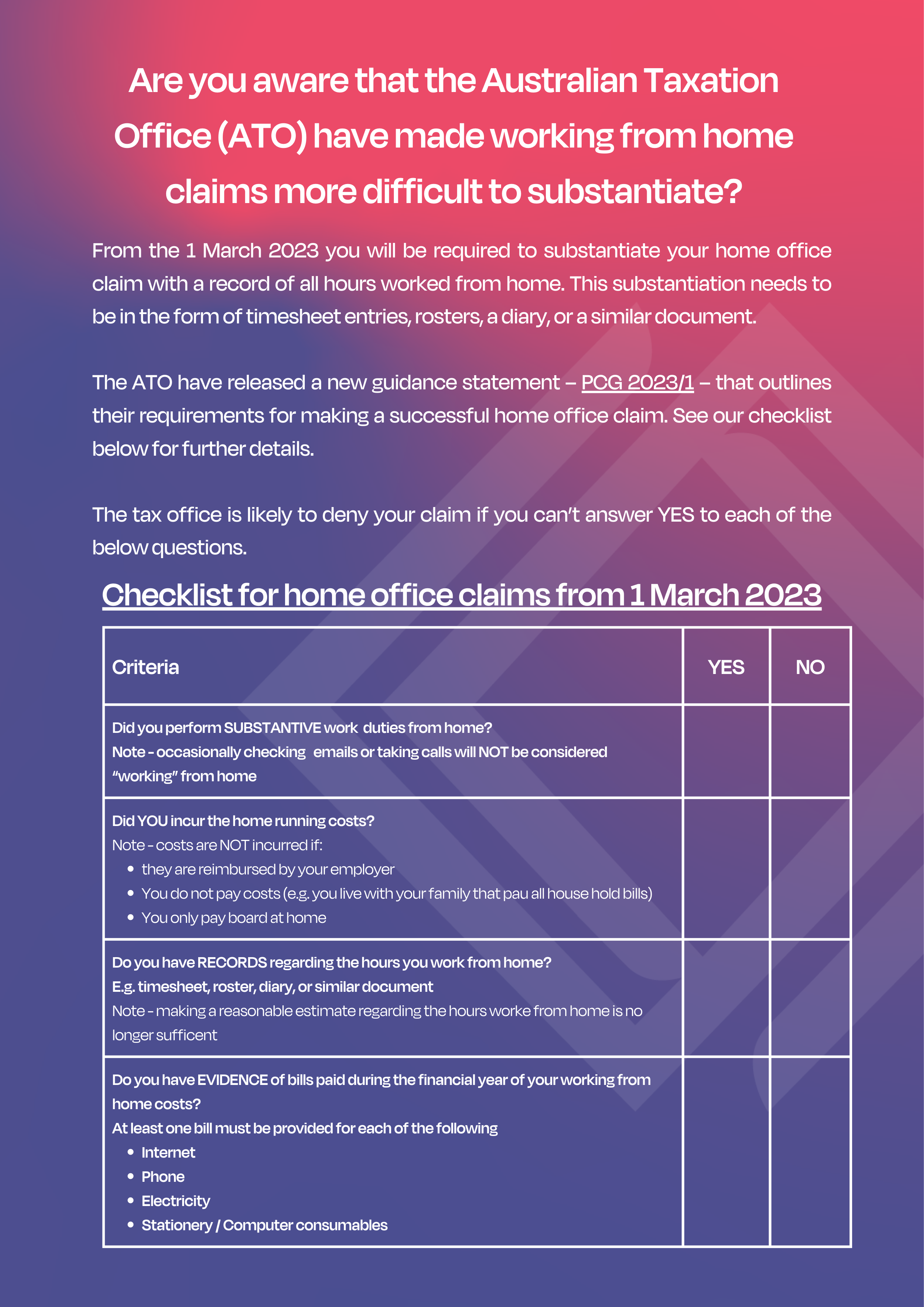 Working from Home Deductions Checklist Power Tynan Accountants