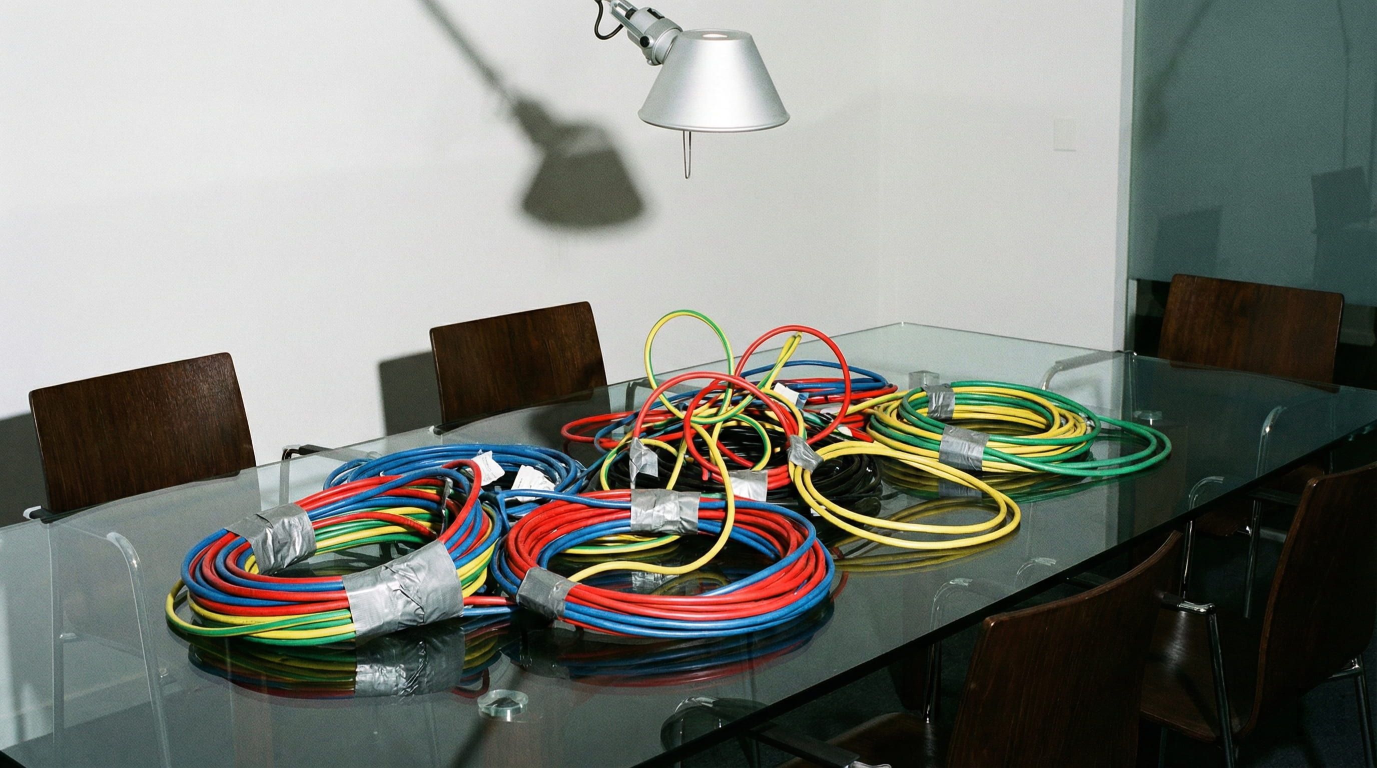 A tangled mess of cables duct-taped together on a glass table, symbolising fragmented corporate software systems.