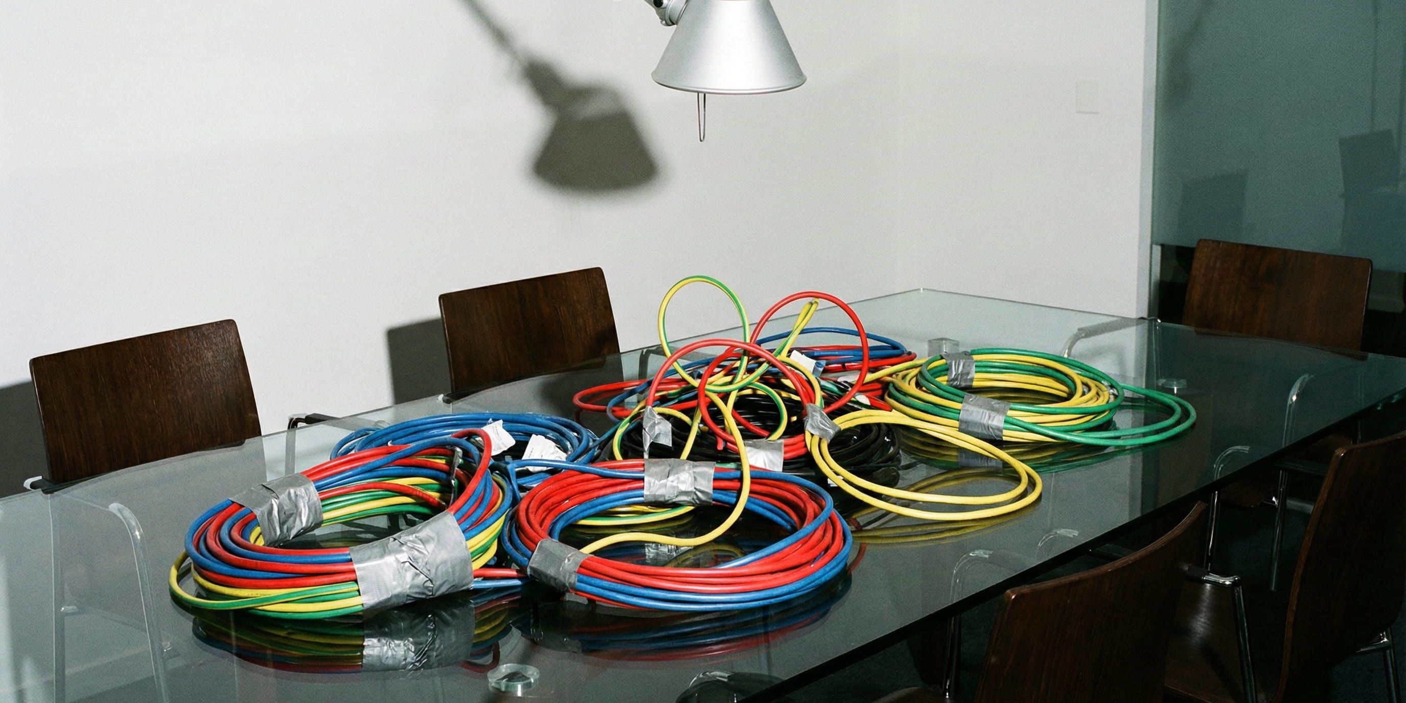 A tangled mess of cables duct-taped together on a glass table, symbolising fragmented corporate software systems.