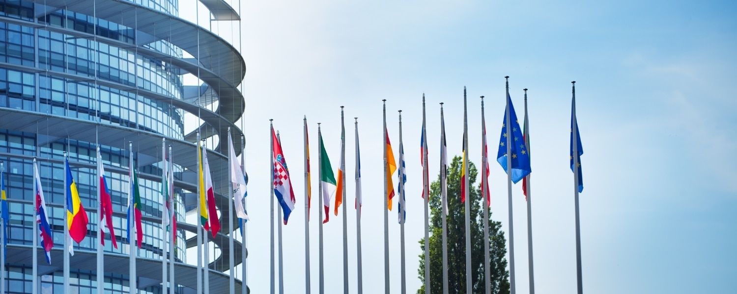 Photo of the row of national flags outside the European Parliament building. Representing a Transalis blog post titled: EU VAT Reporting and eInvoicing Compliance: What You Need to Know
