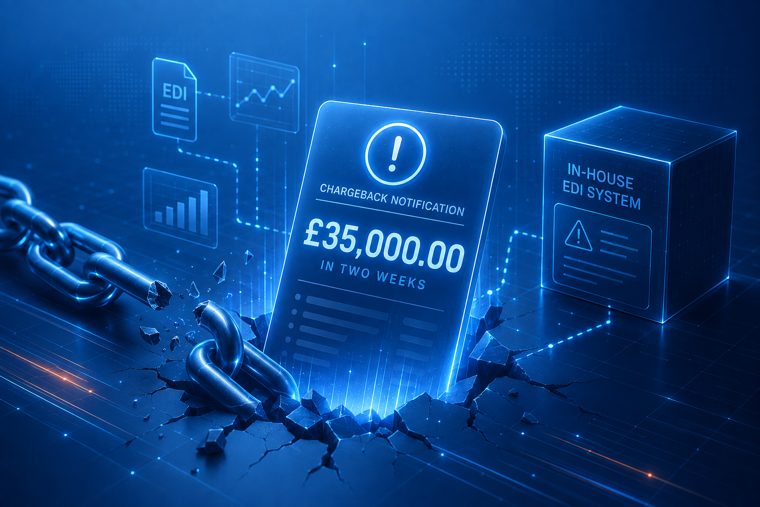 A £35,000 chargeback notification beside a broken in-house EDI system