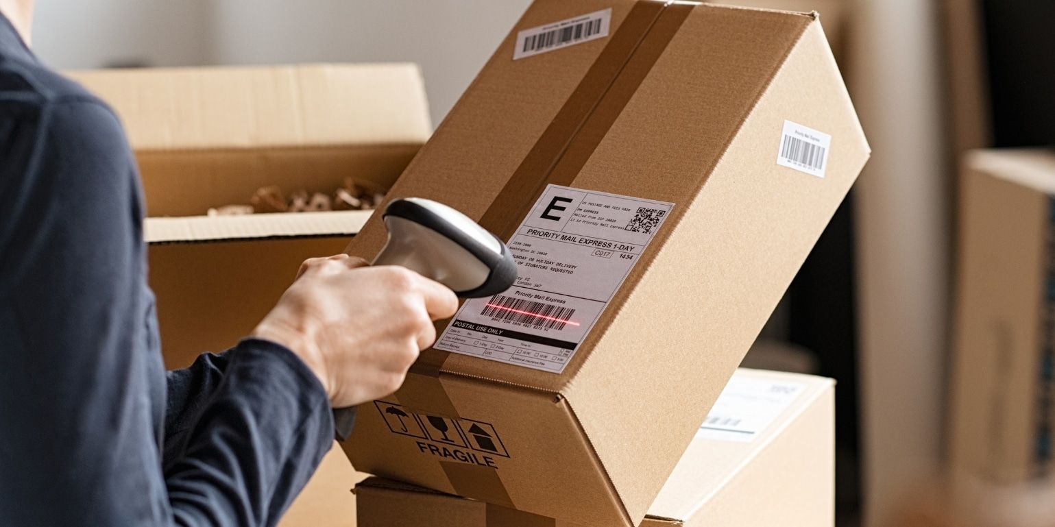 scanning barcode of box. business automation
